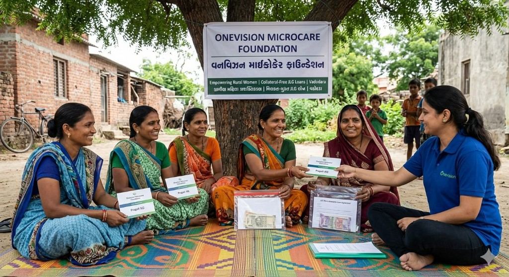 Women receiving Pragati JLG support from OneVision field staff